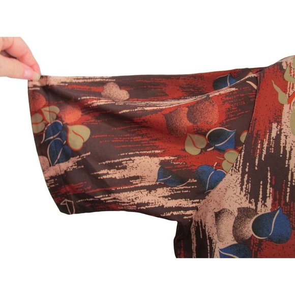 Vintage 70s Joel Cal Made Polyester Disco Shirt Wood Foliage Pattern Mens Lg GUC - Picture 10 of 16